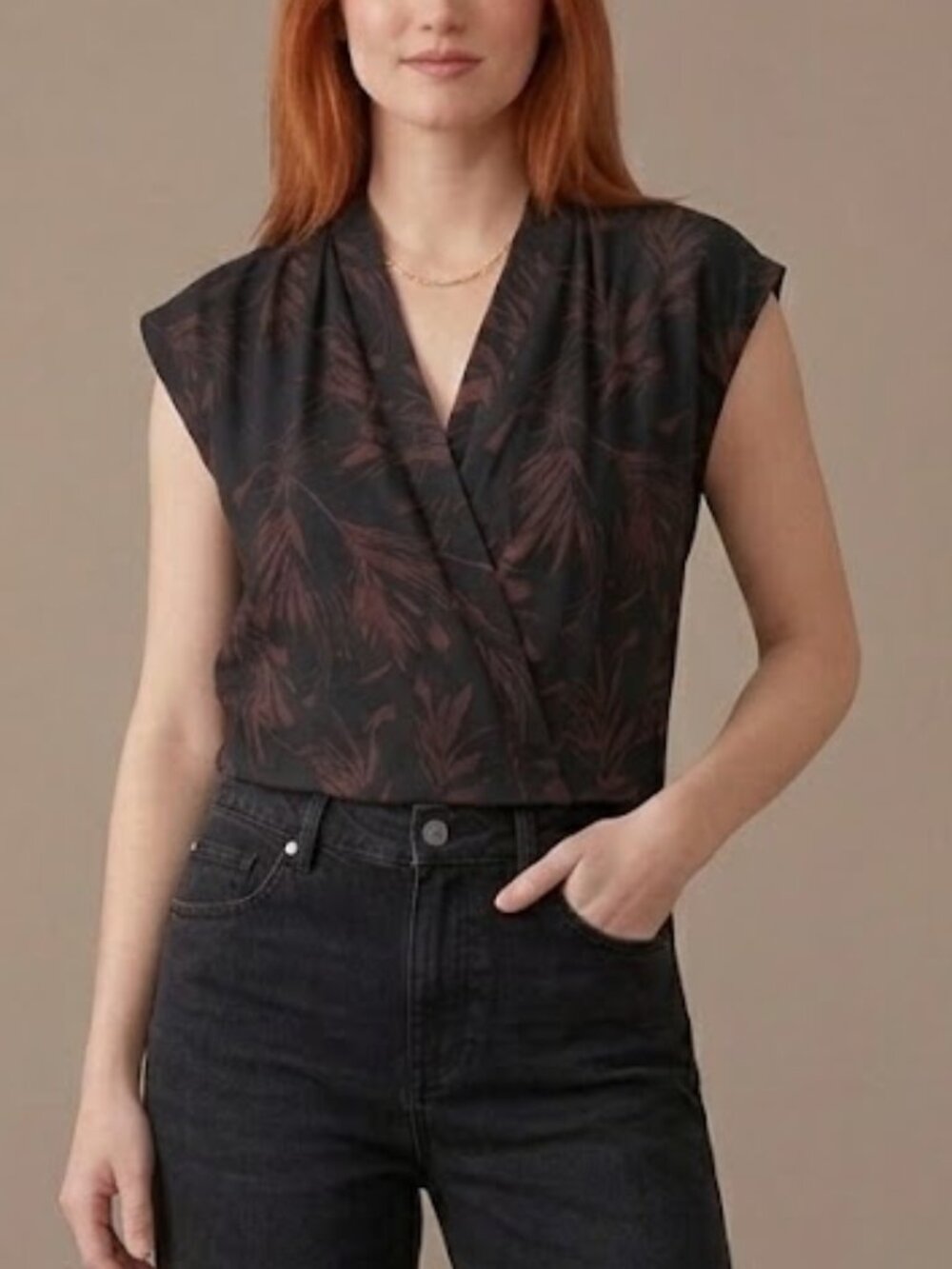 Lilla P 100% Cotton Wrap Sleeveless Blouse Black Brown Abstract Print Size M